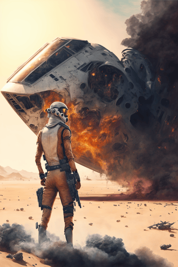 A sci fi pilot standing in front of a crashed burning sci fi spaceship on a desert planet, Quentin Mabille, Craig Mullins, Romain Jouandeau, trending artstation, hyper detailed, hyper realistic, matte painting, 8k
