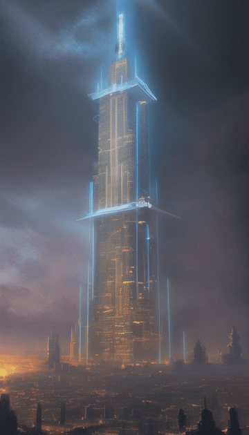A super skyscraper in year 3000, Tyndall effect, Misty, symmetrical structure, highly detailed, digital painting, fantasy painting, Deviantart Artstation, cinematic lighting, future technologies